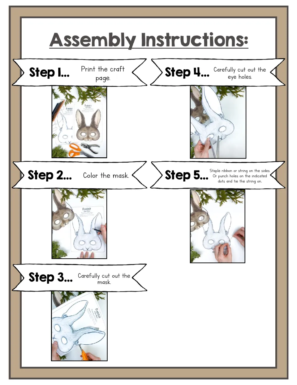 Five-step photo guide for printing, coloring, cutting out the rabbit mask and eye holes, and attaching string