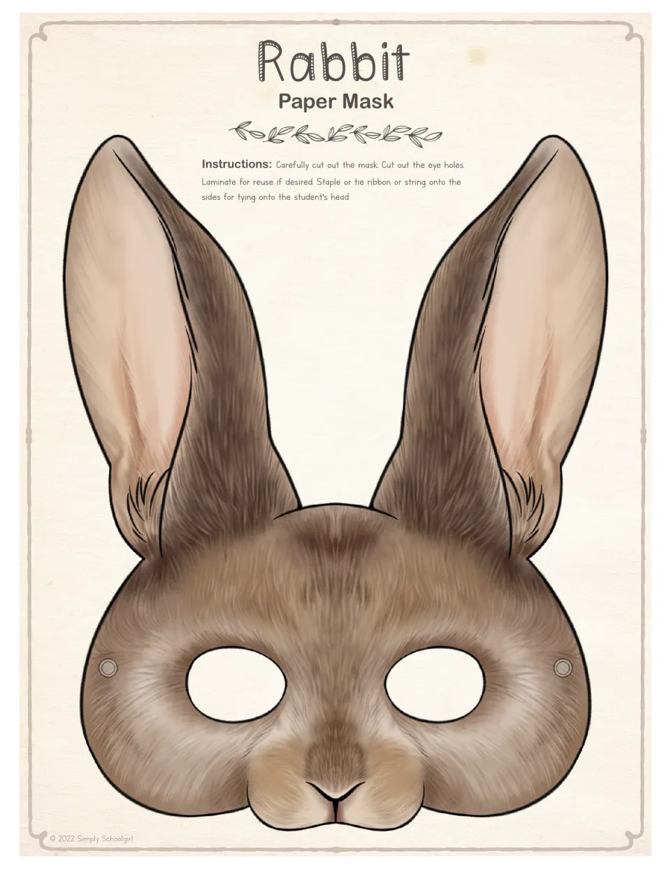 Color rabbit mask template with brown fur, long ears, eye holes to cut out, and marked string attachment points