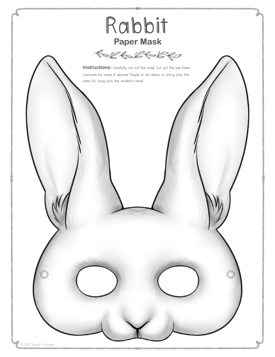 Black-and-white rabbit mask template to color, with long ears, eye holes, and string attachment points