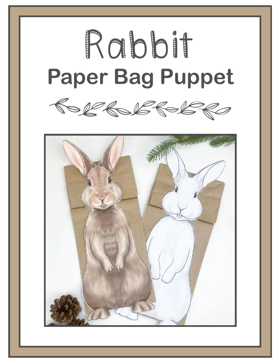 Rabbit Paper Bag Puppet cover: photo of a brown full-color bunny puppet and a white outline version on brown paper bags