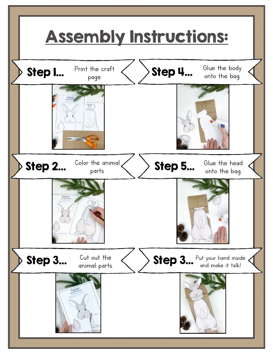 Rabbit puppet assembly steps: print, color and cut out the parts, glue body then head onto the bag, put a hand in to talk