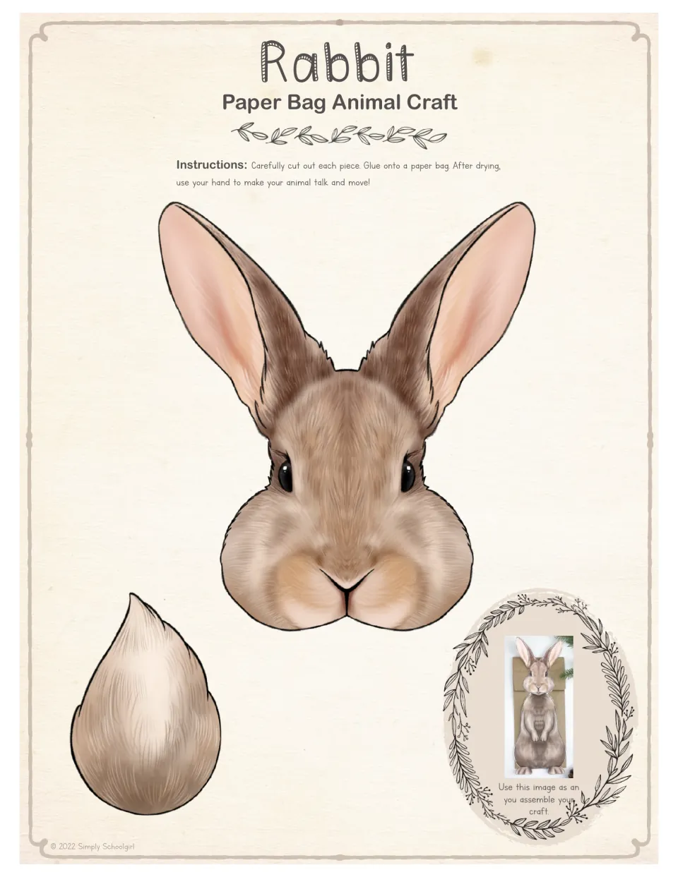 Full-color rabbit head with long ears and a fluffy tail to cut out and glue onto a paper bag, with a finished photo