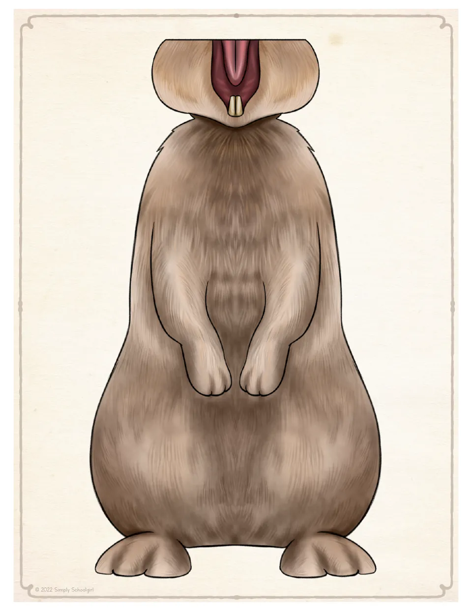Cut-out piece: full-color standing rabbit body with front paws, feet and an open mouth flap with two front teeth