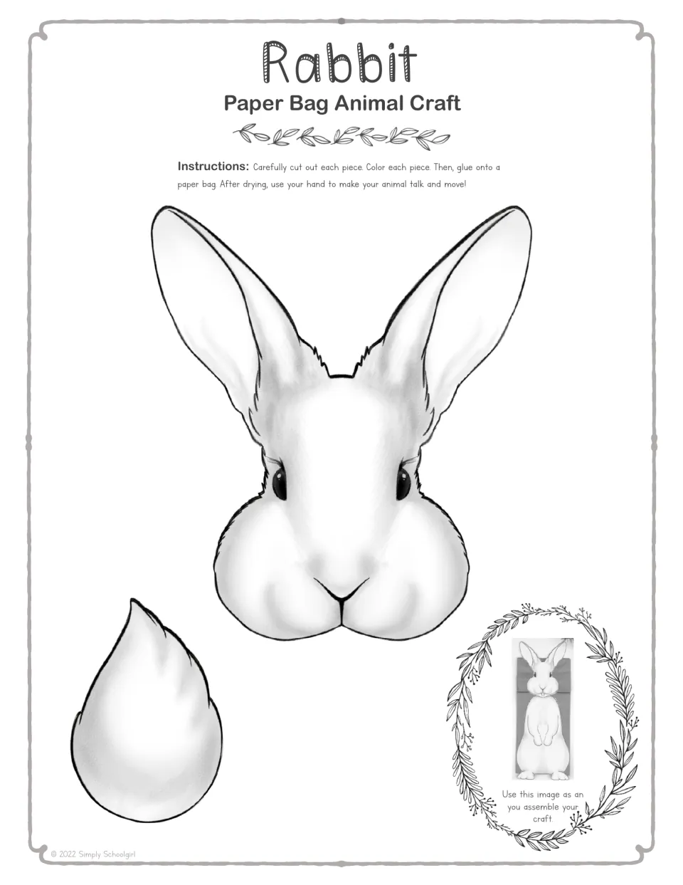 Black-and-white rabbit head and tail for students to color, cut out and glue onto a bag, with a finished-puppet photo