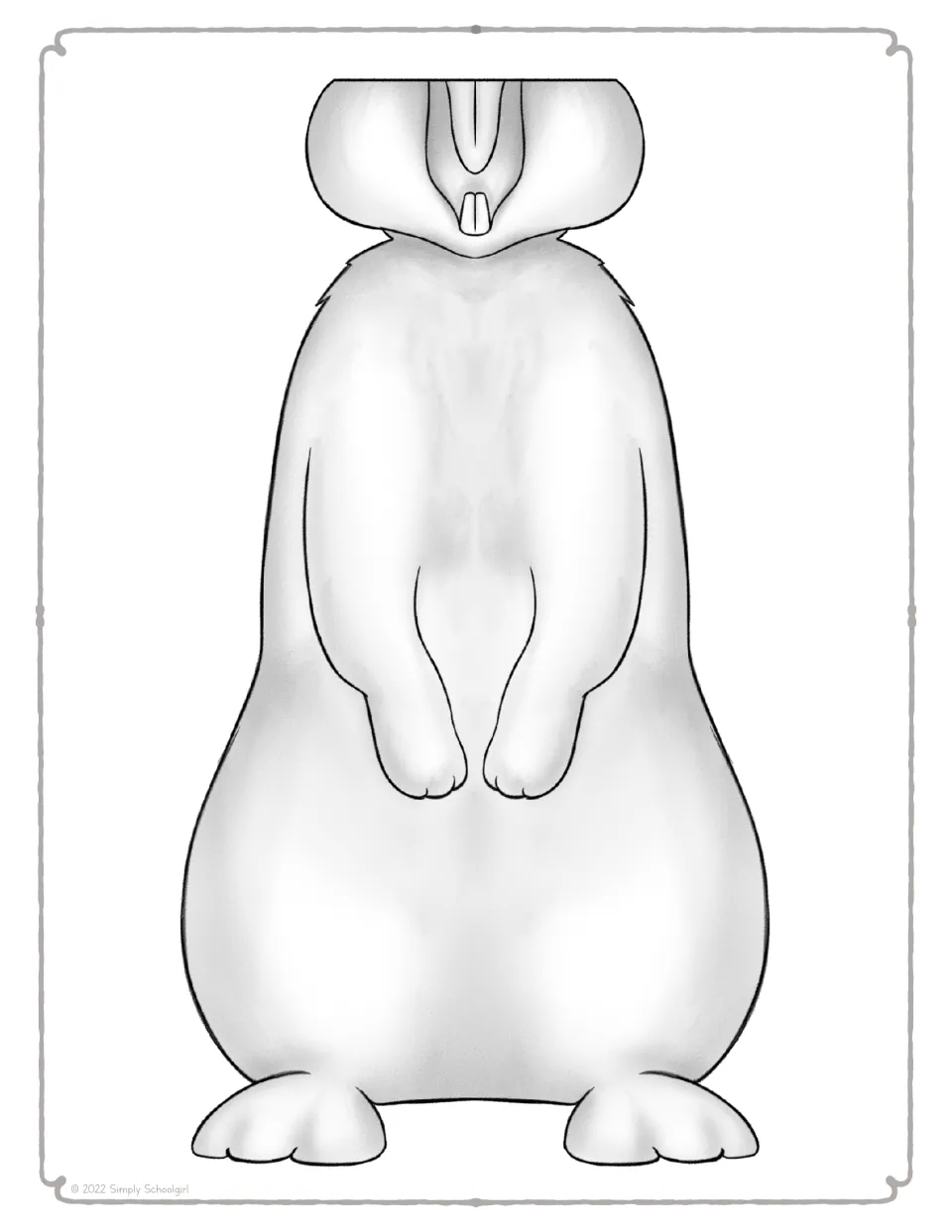 Cut-out piece: outline rabbit body to color, showing standing paws, feet and a mouth flap with front teeth for the puppet