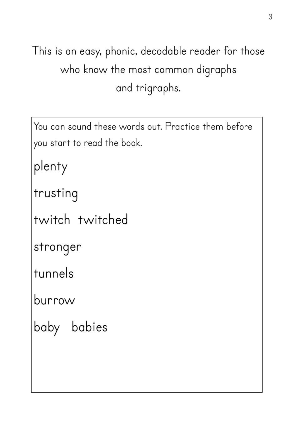 Reader word practice introduces plenty, trusting, twitch, twitched, stronger, tunnels, burrow, baby, and babies.