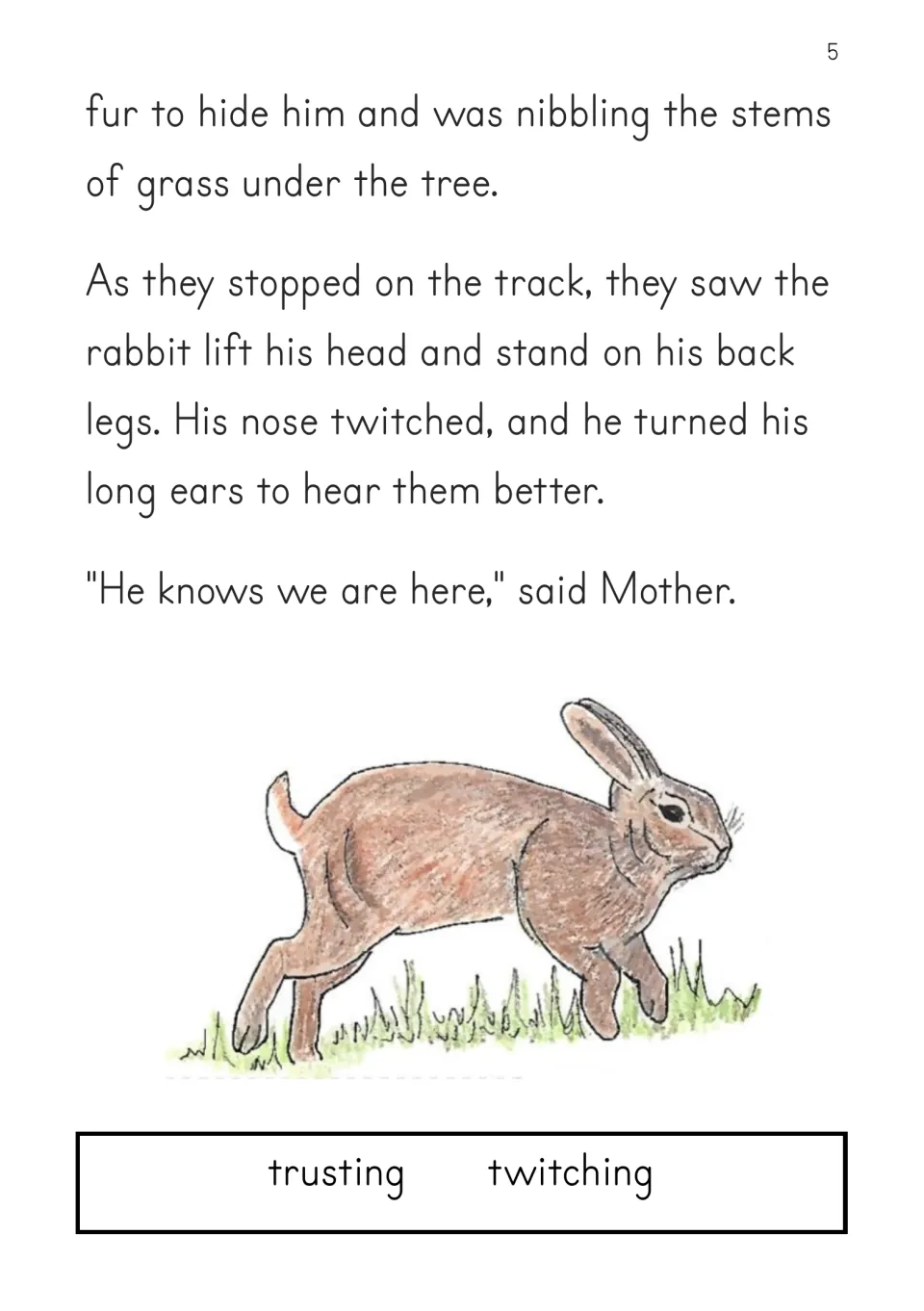 Story continuation: the rabbit nibbles grass, lifts his head, twitches his nose, and turns his long ears.