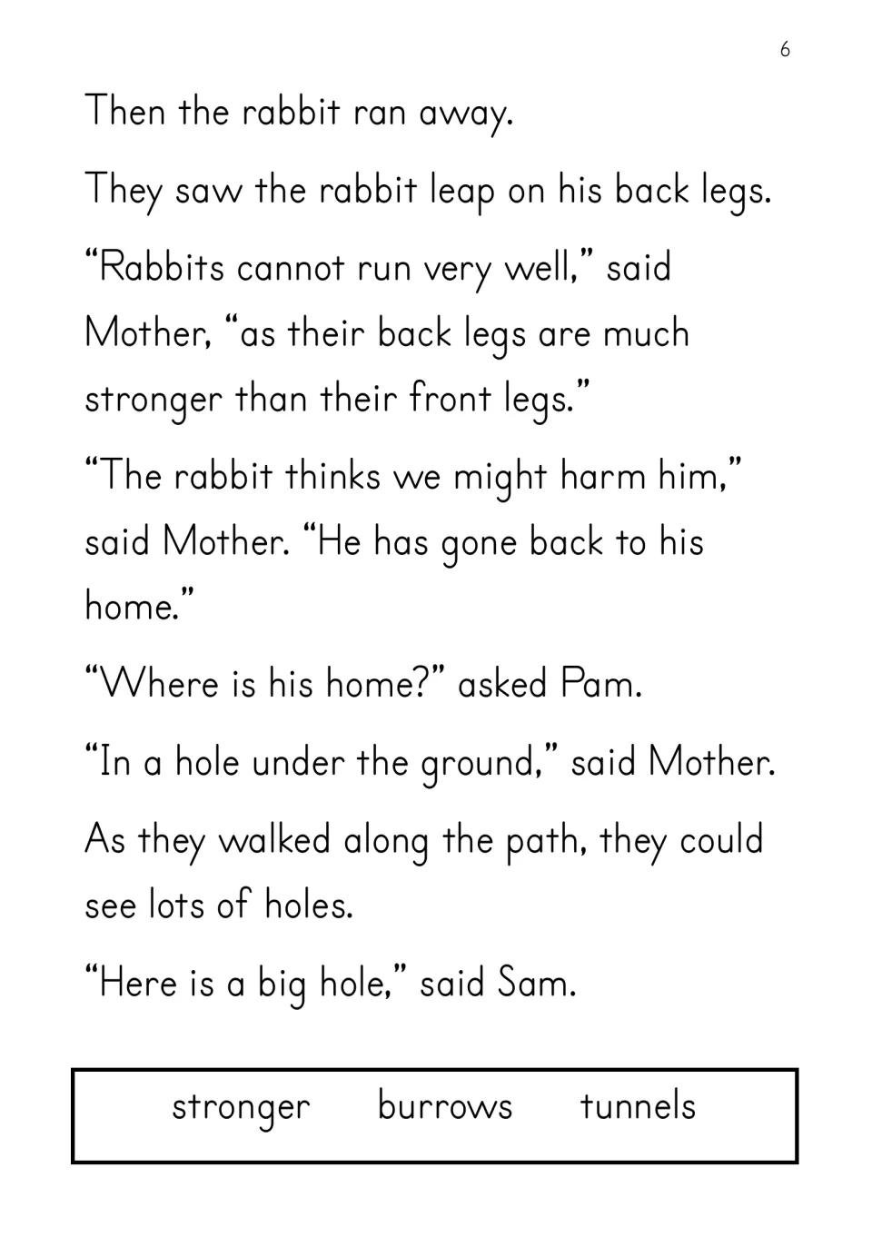 Story page 6: the rabbit leaps away, Mother explains his stronger back legs, and the family finds holes.