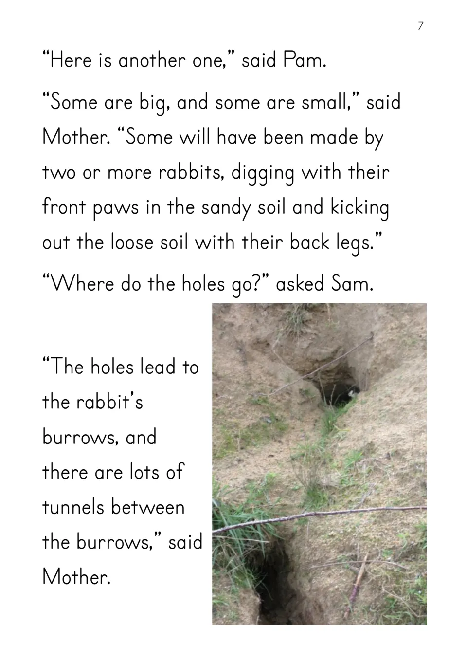 Story page 7 explains how rabbits dig burrows and connecting tunnels, with a photograph of holes in soil.