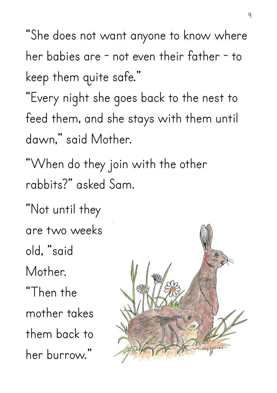 Story page 9 describes the mother rabbit returning to feed her babies and taking them to her burrow later.
