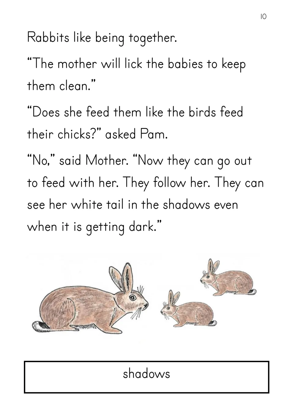 Story page 10 describes rabbits staying together, a mother cleaning her babies, and young following her tail.