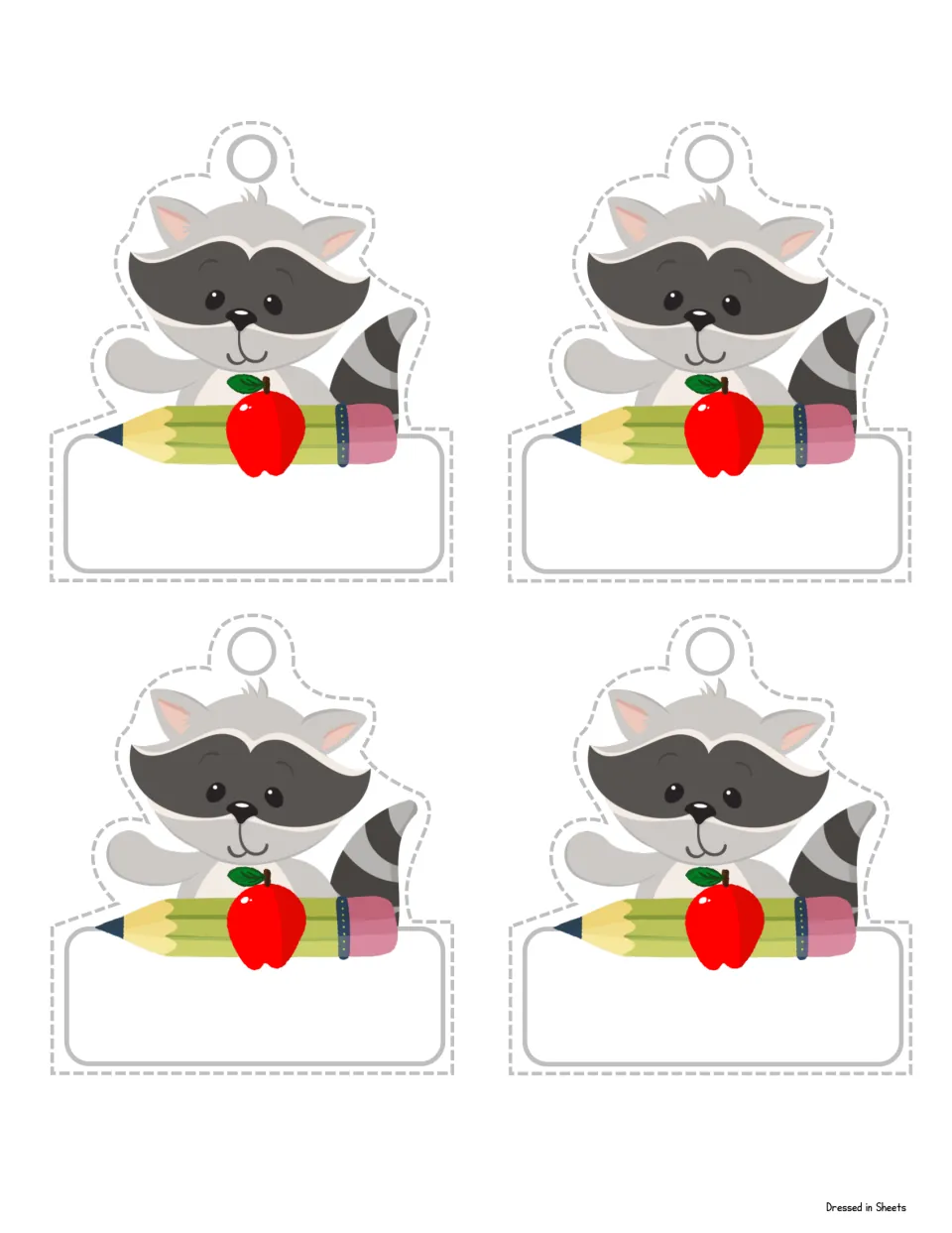 Another set of four waving cartoon raccoon tags with a pencil and apple, leaving room below for each child's name