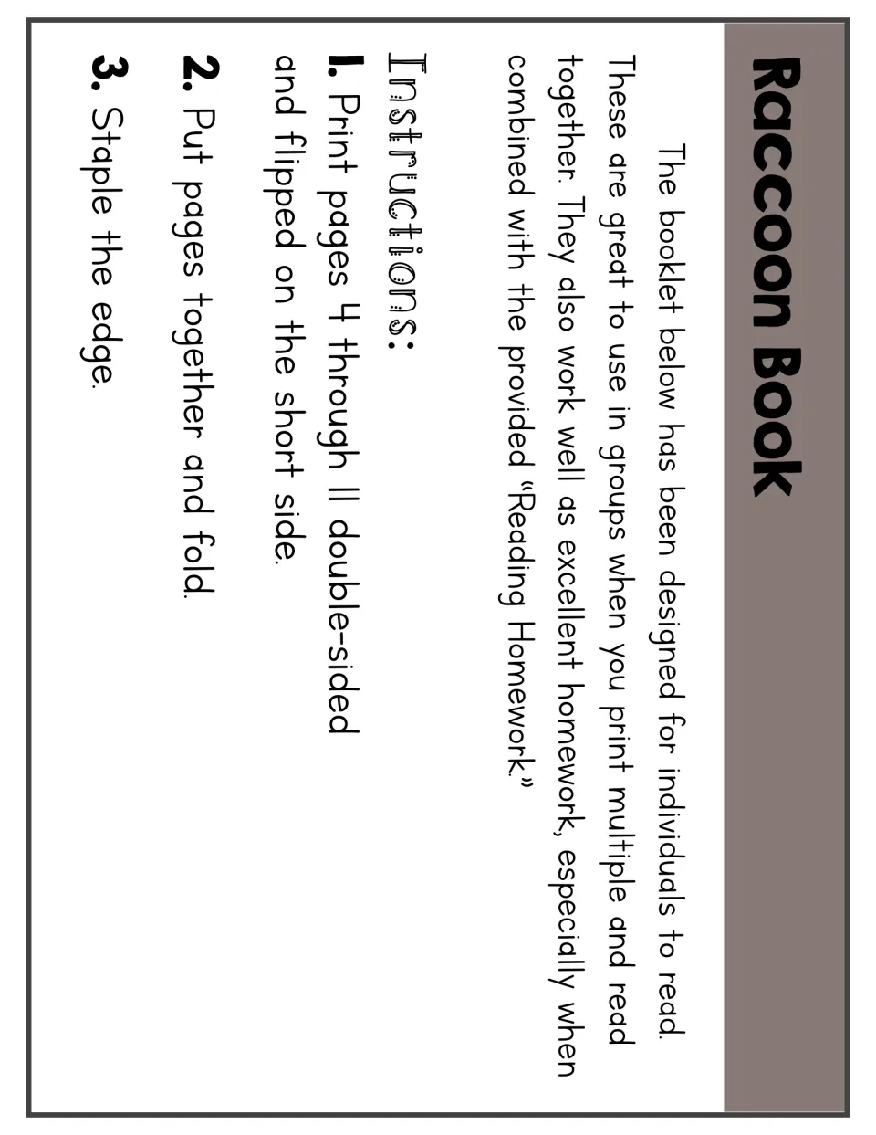 Booklet assembly instructions: print pages 4–11 double-sided, flip on the short side, fold, and staple