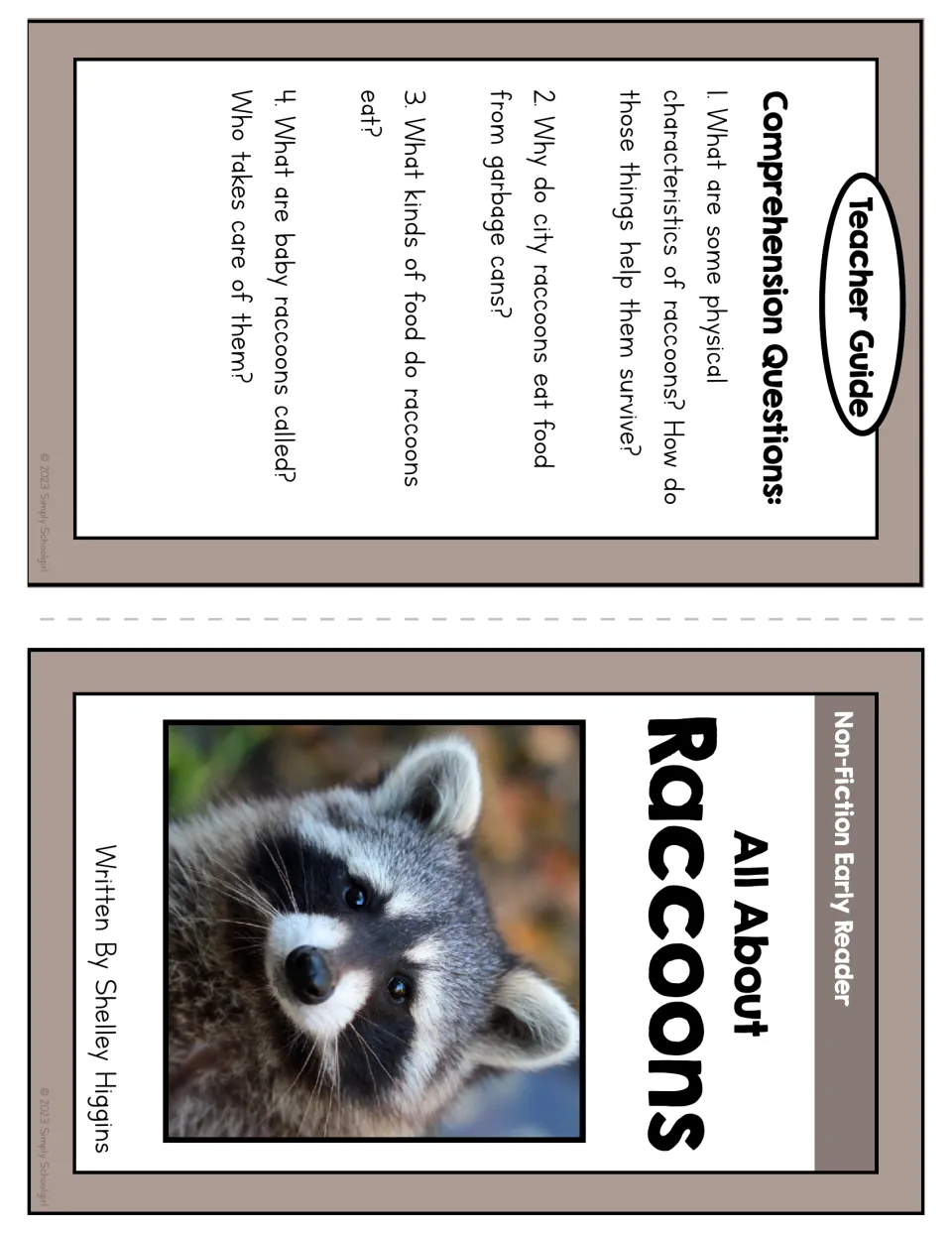 Booklet cover and teacher guide with four questions about raccoon traits, garbage eating, diet, and babies