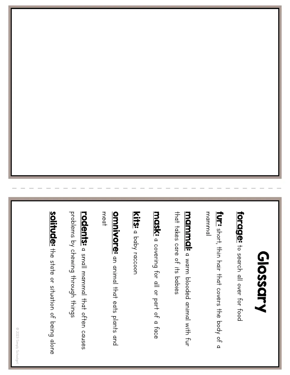 Booklet glossary defines forage, fur, mammal, mask, kits, omnivore, rodents, and solitude beside a blank panel
