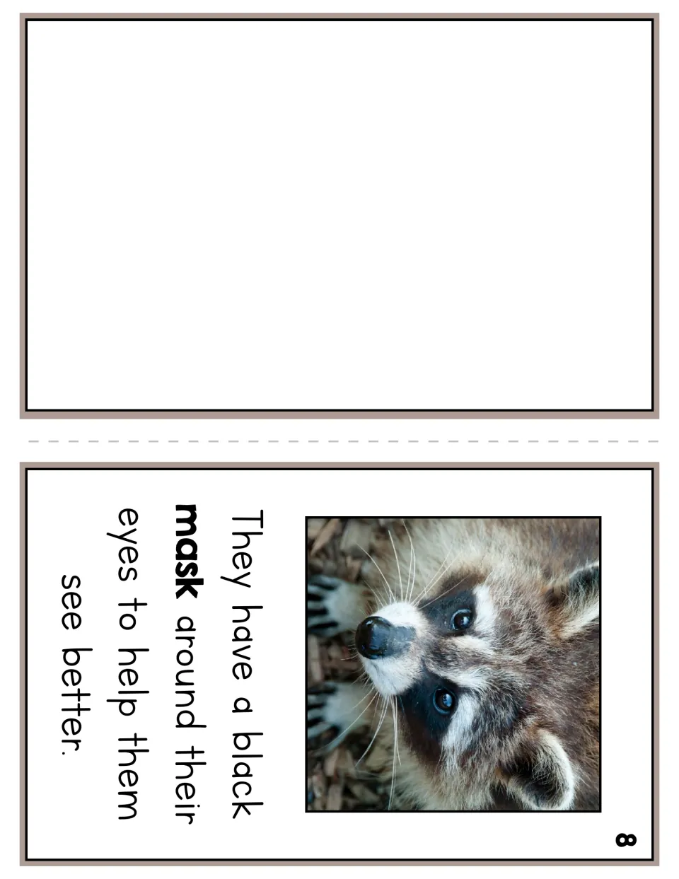 Reader page 8 pairs a raccoon photo with text about its black eye mask helping it see; the other panel is blank