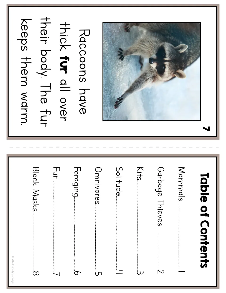 Reader page 7 explains that thick fur keeps raccoons warm, paired with the table of contents for pages 1–8