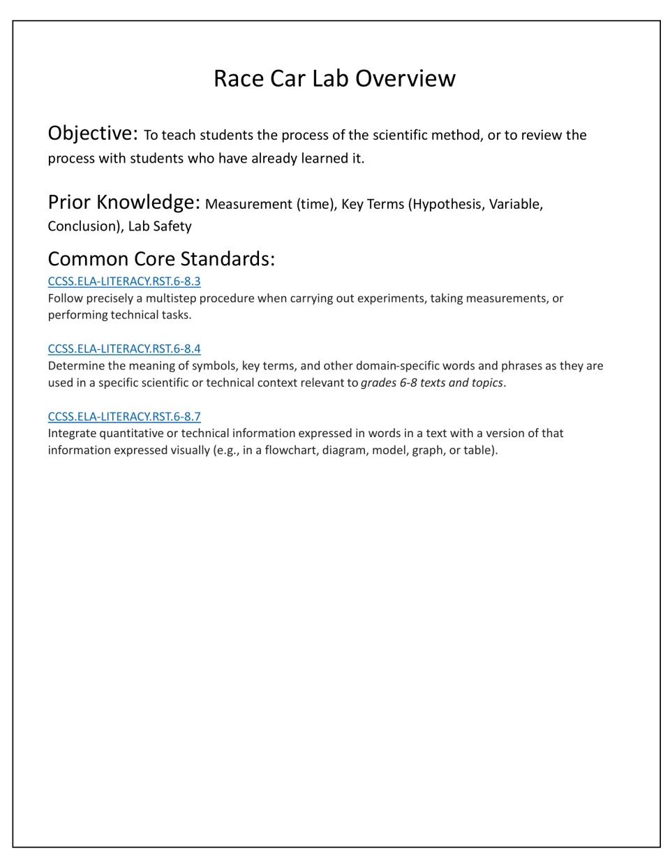 Lab overview introducing the scientific method objective, prior knowledge, and three Common Core standards.