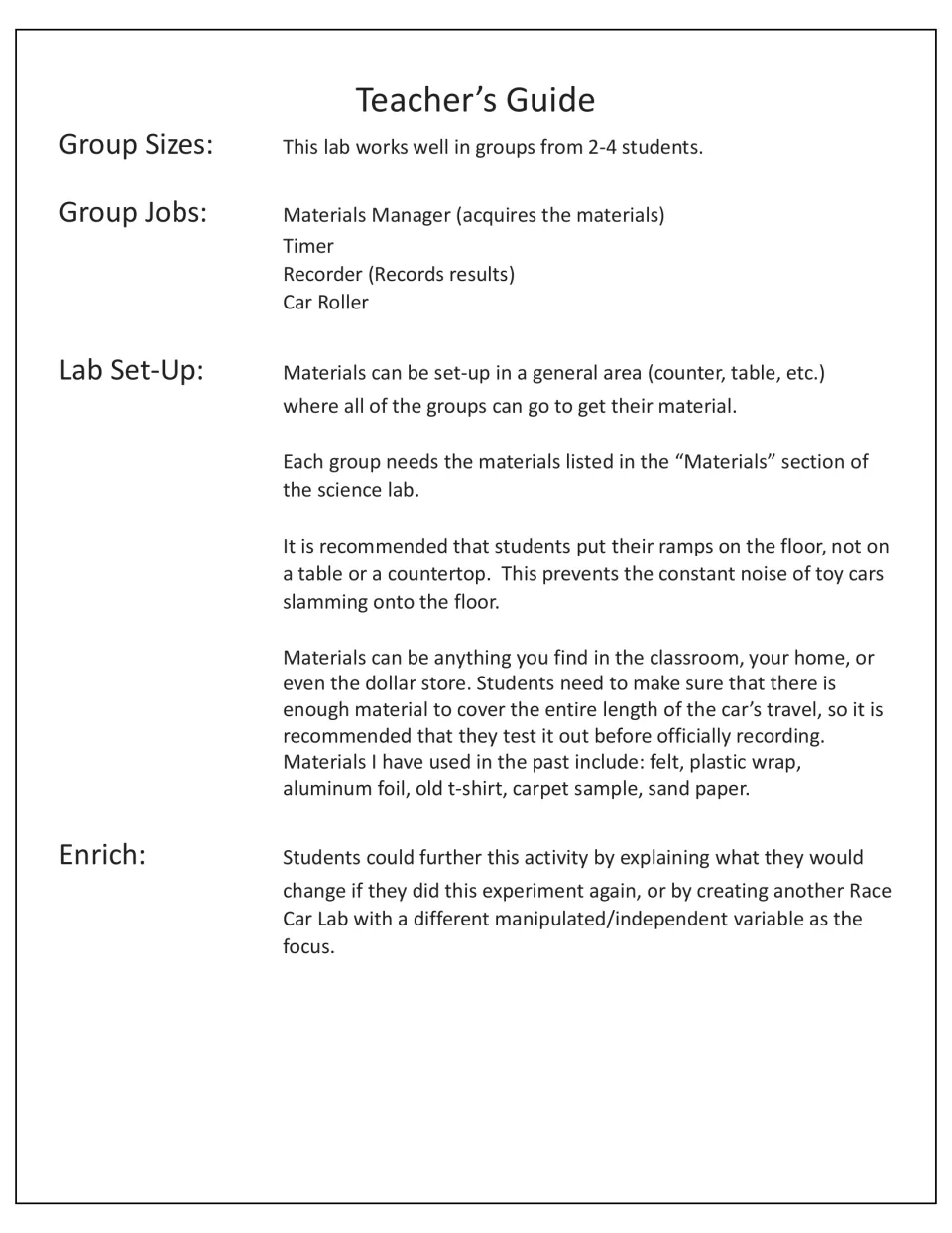 Teacher’s guide for the lab includes groups of 2–4, four student jobs, setup tips, and enrichment options.