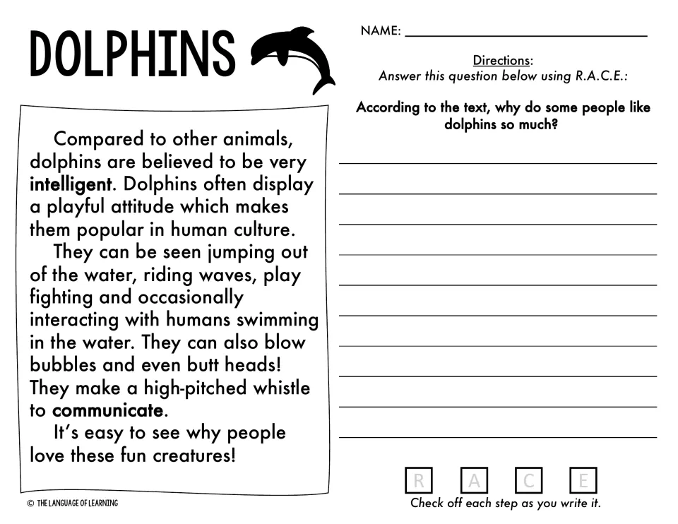 Dolphins passage on intelligence and play: students use R.A.C.E. to explain why some people like dolphins so much