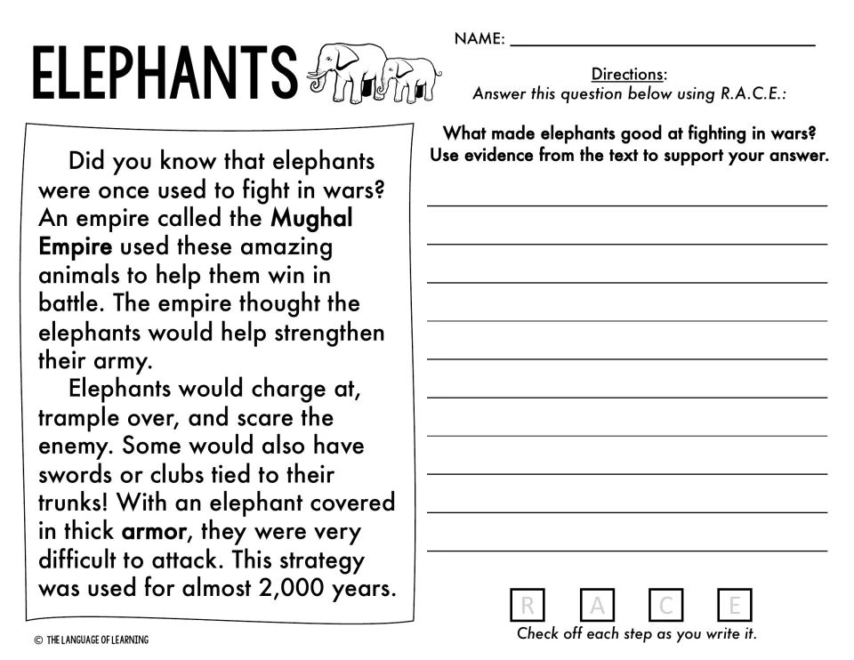 Elephants in war passage on the Mughal Empire: students cite text evidence for what made elephants good at fighting