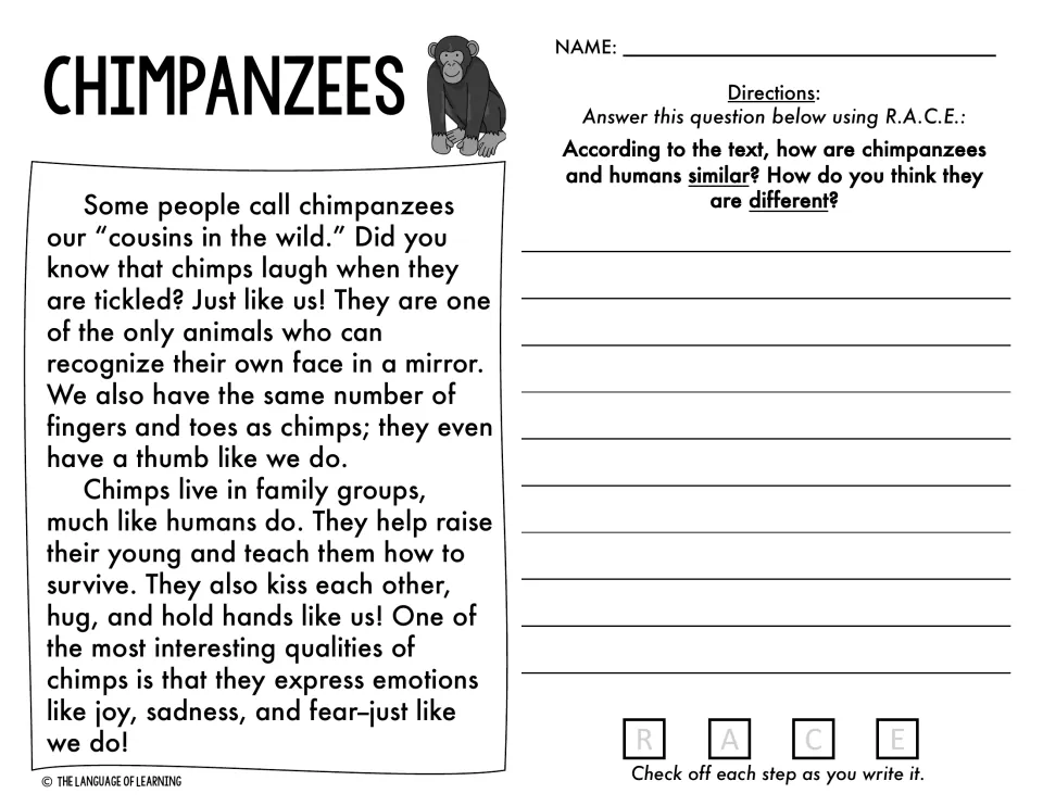 Chimpanzees passage: students answer a two-part R.A.C.E. question on how chimps and humans are similar and different