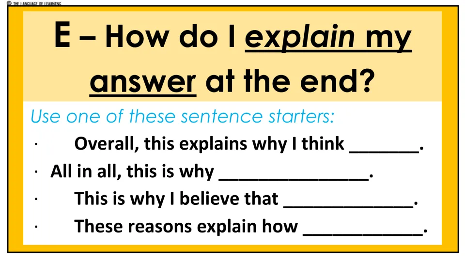 Explaining lesson with four sentence starters, including “All in all, this is why” and “These reasons explain how”