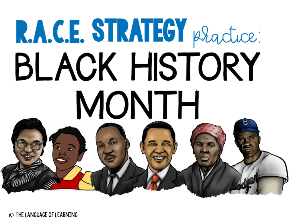 R.A.C.E. Strategy Practice: Black History Month cover with drawn portraits of Rosa Parks, Ruby Bridges, MLK and others