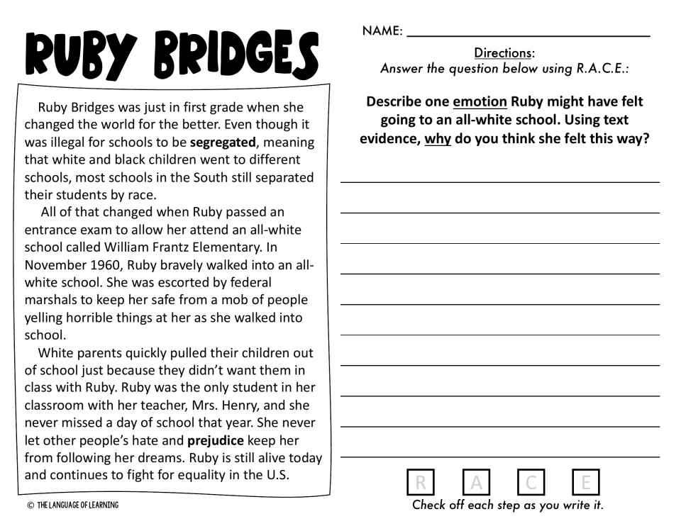 Ruby Bridges passage on integrating William Frantz Elementary; students infer an emotion she felt and cite text evidence