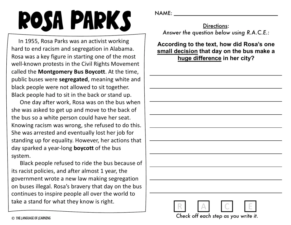 Rosa Parks passage on the Montgomery Bus Boycott; students explain how her one small decision made a huge difference