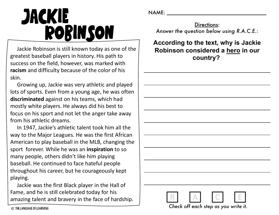 Jackie Robinson passage on breaking baseball's color line in 1947; students use text evidence to explain why he is a hero