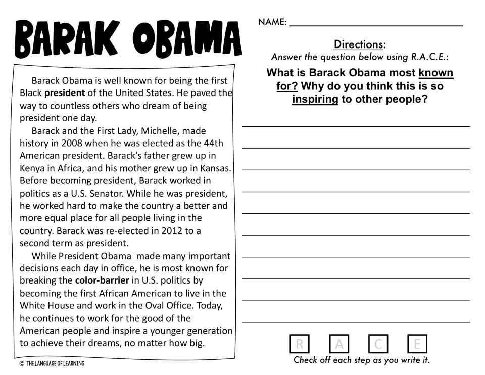 Barack Obama passage on becoming the first Black U.S. president; students tell what he is known for and why it inspires