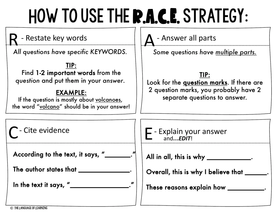 R.A.C.E. strategy guide in black and white: restate key words, answer all parts, cite evidence, explain, sentence starters