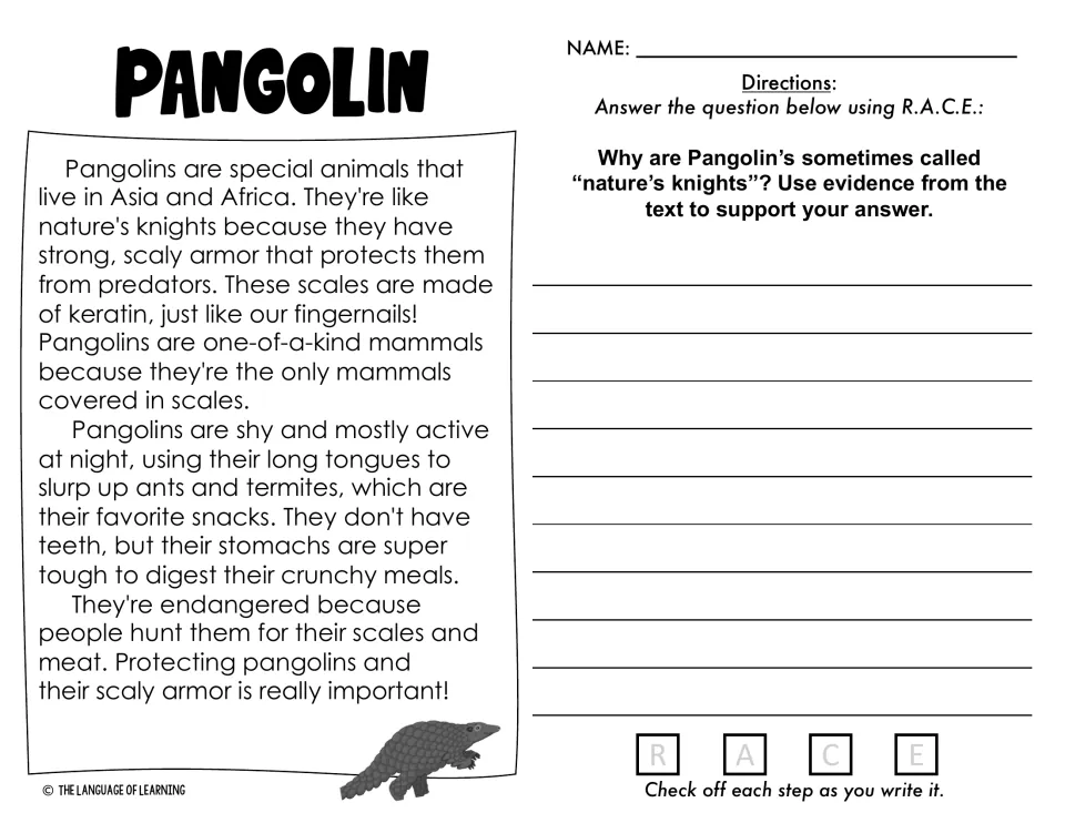 Pangolin reading passage: students use text evidence to explain why pangolins are called nature's knights, using R.A.C.E.