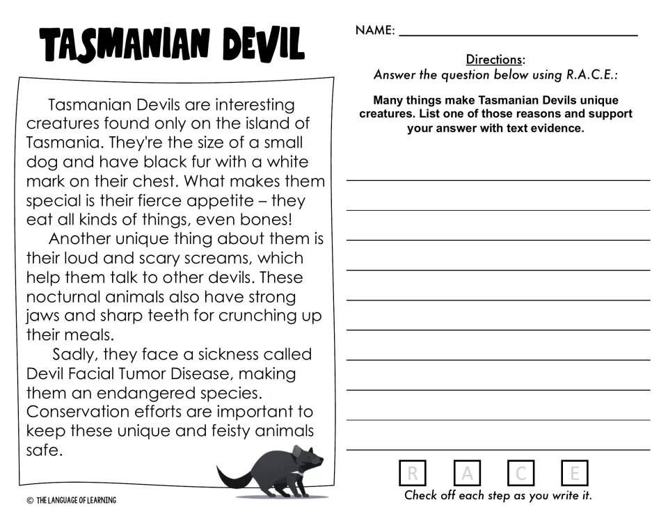 Tasmanian devil passage: students name one trait that makes the animal unique and back it with evidence using R.A.C.E.