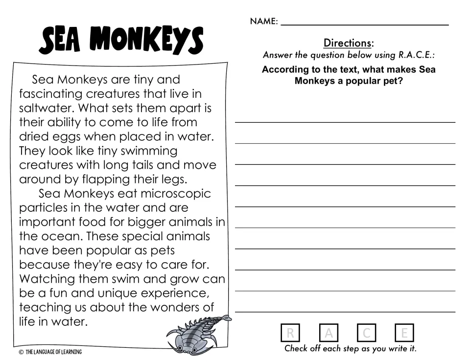 Sea Monkeys passage: students cite the text to explain what makes Sea Monkeys a popular pet in a R.A.C.E. response