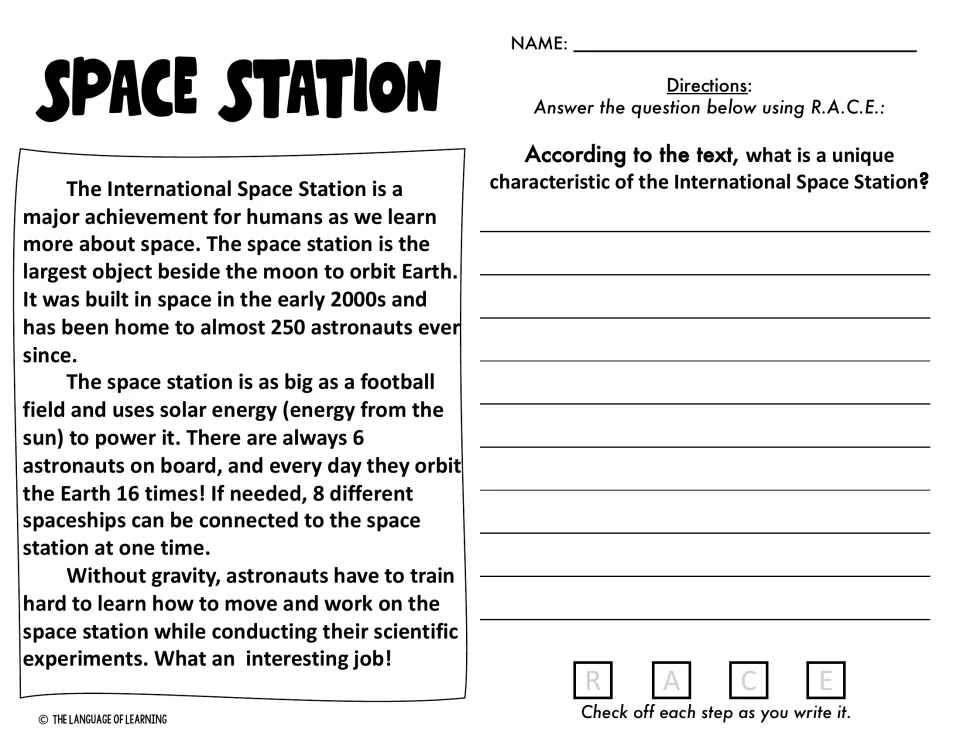 Space Station passage: students use R.A.C.E. to explain a unique characteristic of the International Space Station