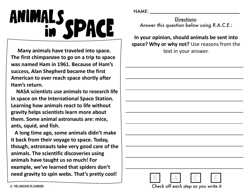 Animals in Space passage about Ham the chimp and animal astronauts; students give an opinion on sending animals to space