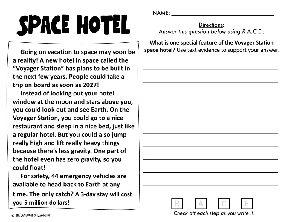 Space Hotel passage on the planned Voyager Station; students cite text evidence for one special feature of the hotel