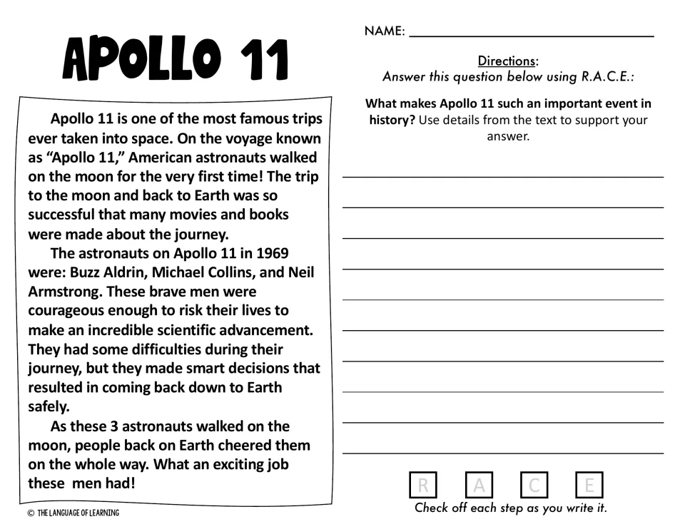 Apollo 11 passage about the 1969 moon landing crew; students use text details to explain why the event matters in history