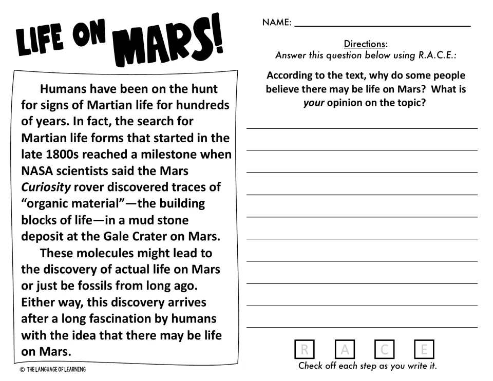 Life on Mars passage about Curiosity rover finding organic material; students answer a two-part why and opinion question