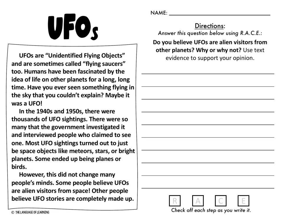 UFOs passage on 1940s and 1950s sightings; students argue whether UFOs are alien visitors, using text evidence