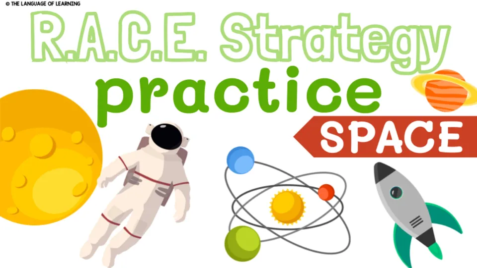 Cover of R.A.C.E. Strategy Practice: Space, introducing the space-themed reading and writing resource