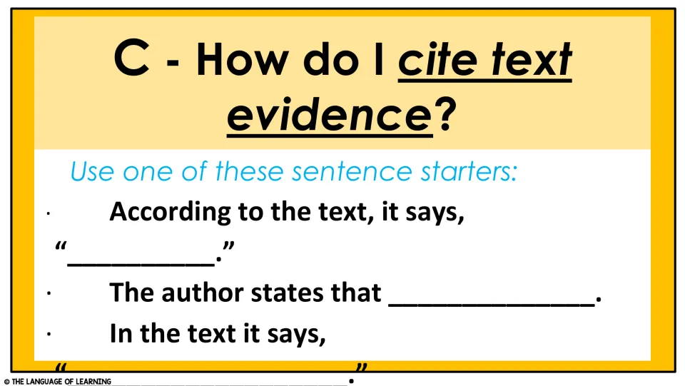 Citation guide for the C step, with sentence starters including “According to the text” and “The author states”