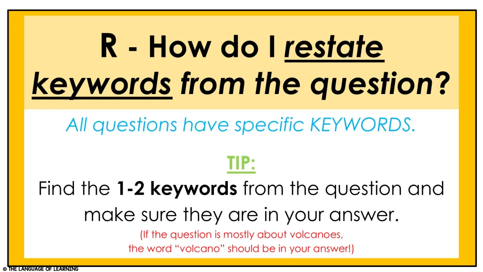 Restating guide for the R step: include 1–2 keywords from the question in your answer, with a volcano example