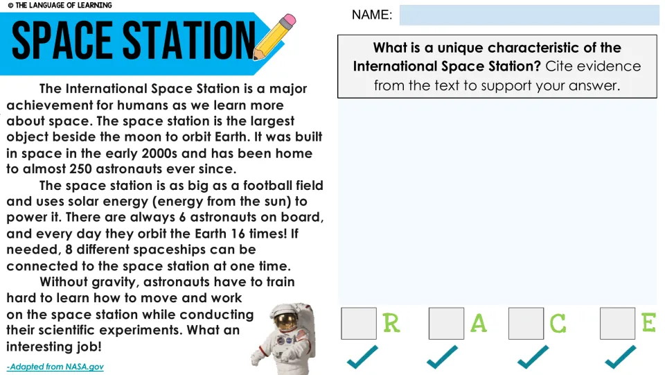 Space Station passage asks students to identify a unique International Space Station characteristic and cite evidence