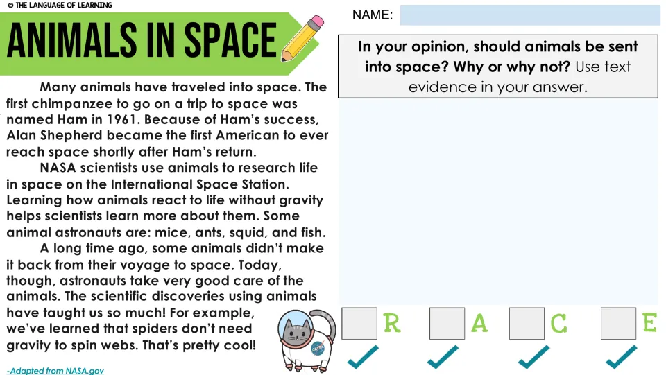 Animals in Space passage asks whether animals should be sent into space and why, using text evidence in the response