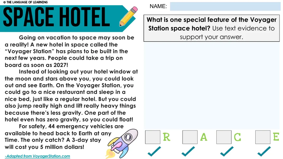 Space Hotel passage asks students to name one special feature of the Voyager Station hotel and cite text evidence