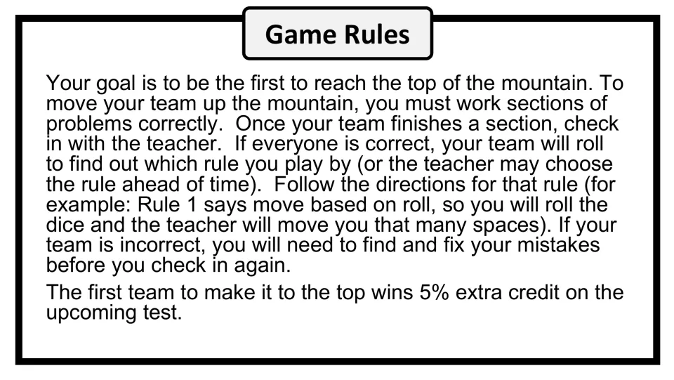 Game rules explain checking answers with the teacher, rolling for movement, and winning 5% extra credit.