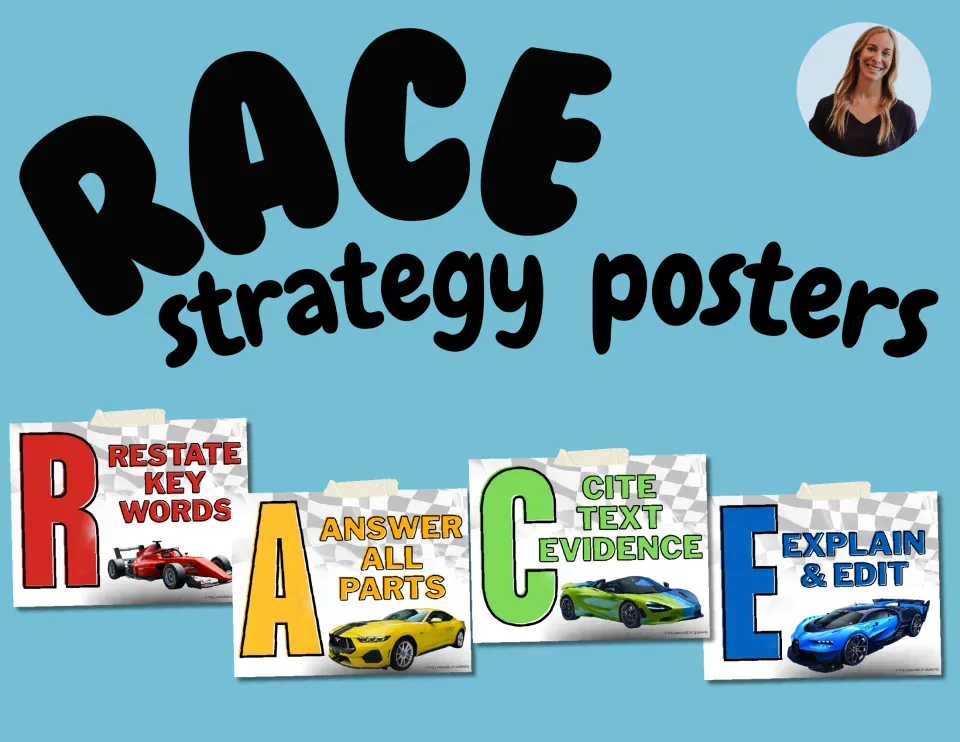 Cover of RACE strategy posters showing the R, A, C and E race-car posters: restate, answer, cite, explain and edit